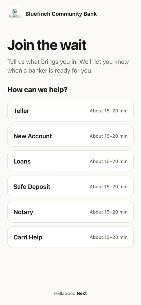 After scanning: pick Teller, New Account, Loans, Safe Deposit, Notary or Card Help, each with a wait
