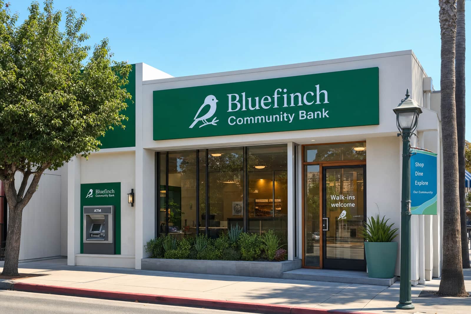 Bluefinch Community Bank, a branch on a main street with a green sign