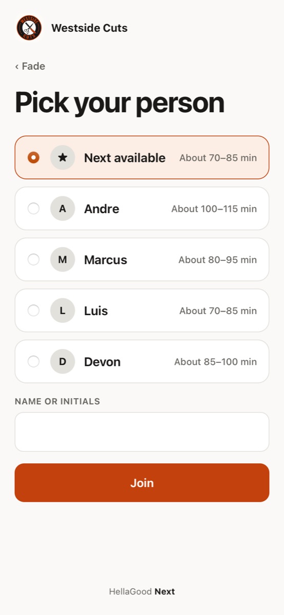 Pick your person: next available, Andre, Marcus, Luis or Devon, each with a wait