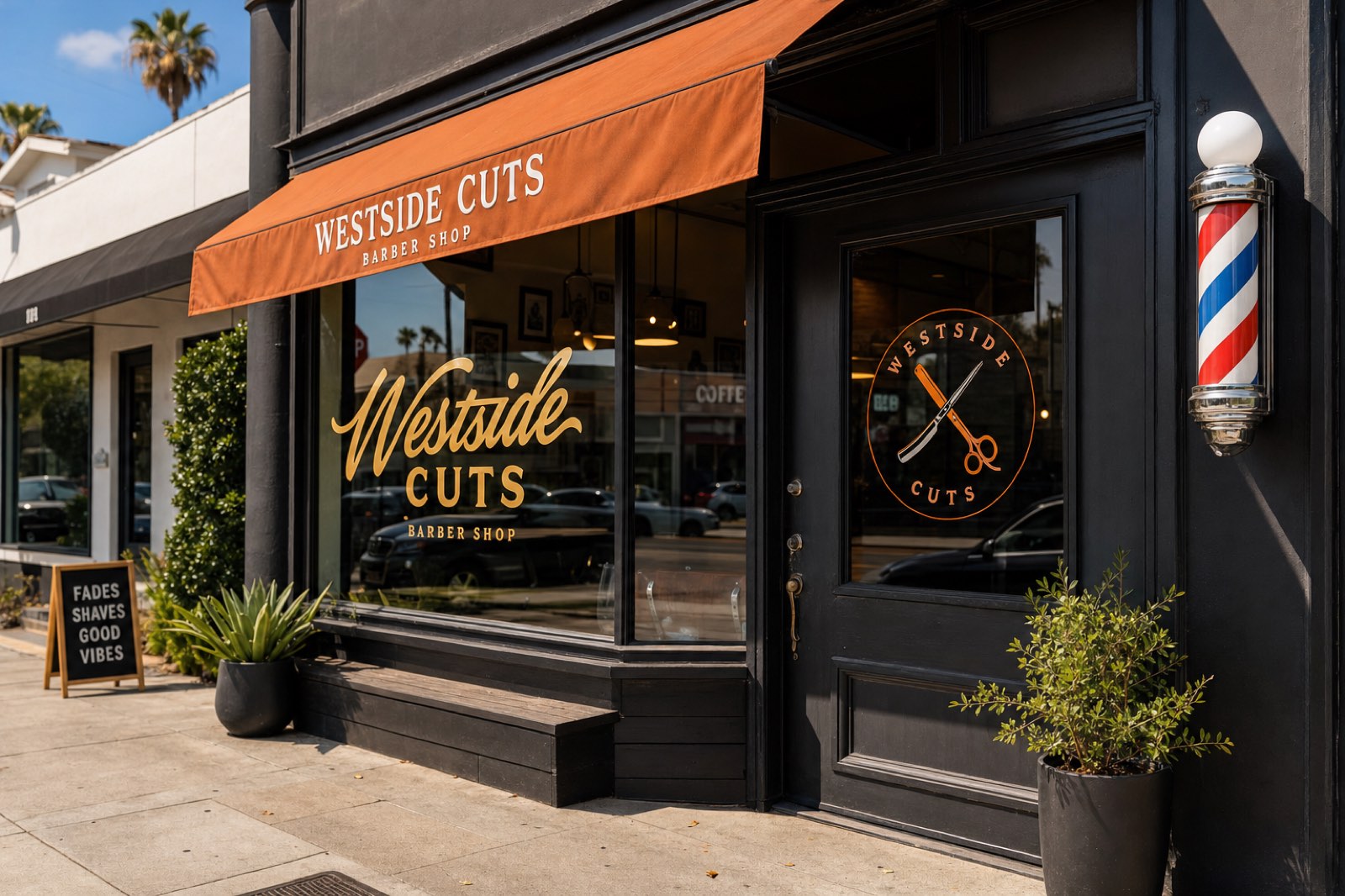 Westside Cuts, a barbershop with an orange awning and a barber pole