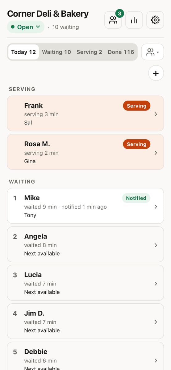 The counter's list: two orders in progress, one called, nine waiting