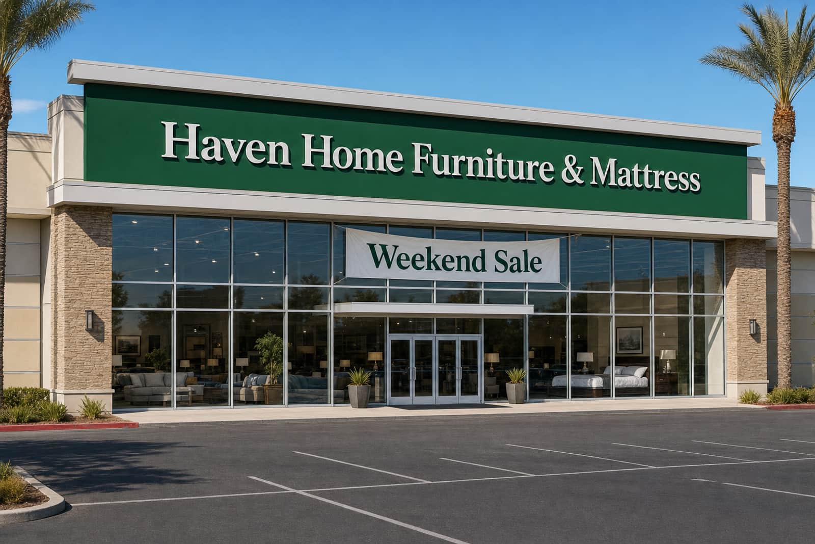 Haven Home Furniture & Mattress, a large showroom with a green sign