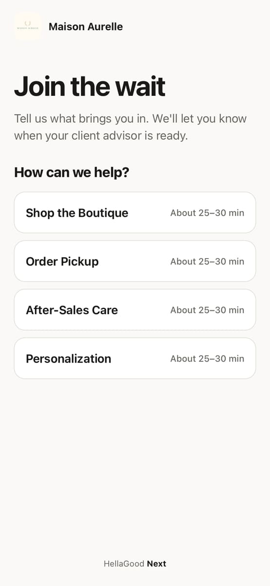 After scanning: pick Shop the Boutique, Order Pickup, After-Sales Care or Personalization, each with a wait