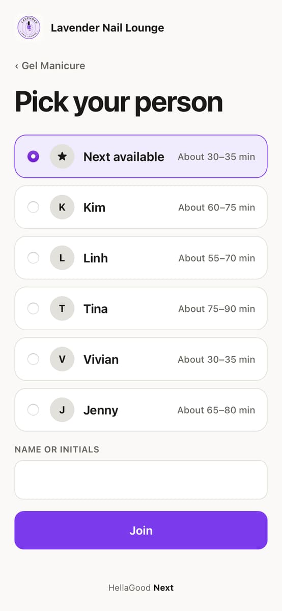 Pick your person: next available, Kim, Linh, Tina, Vivian or Jenny, each with a wait