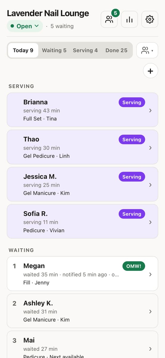 The salon's list: four in the chair, five waiting, each with their tech