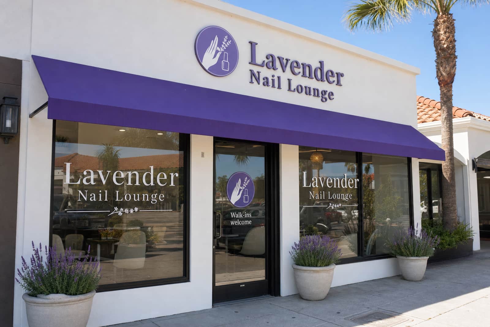 Lavender Nail Lounge, a nail salon with a violet awning