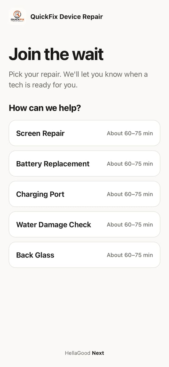 After scanning: pick Screen Repair, Battery Replacement, Charging Port, Water Damage Check or Back Glass, each with a wait