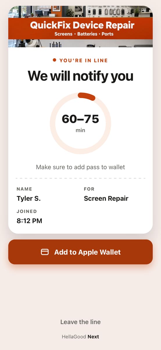 Smart pass: a place in the wait for a Screen Repair, with the minutes left