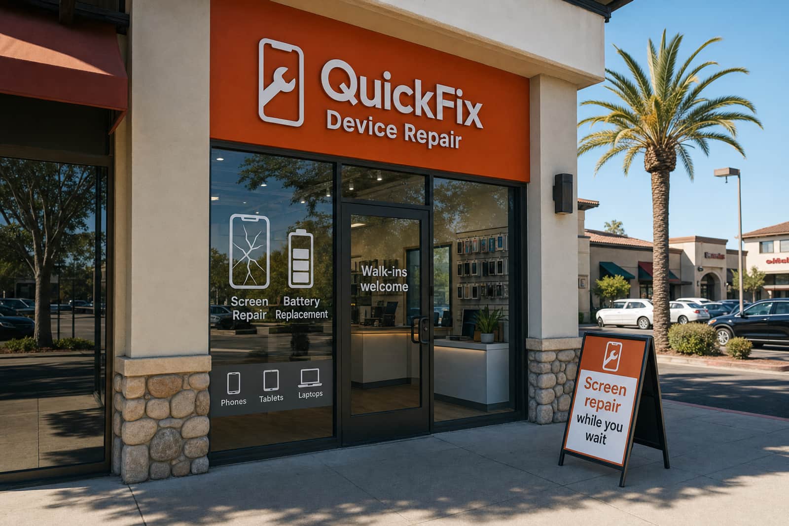 QuickFix Device Repair, a repair shop with an orange sign in a shopping plaza