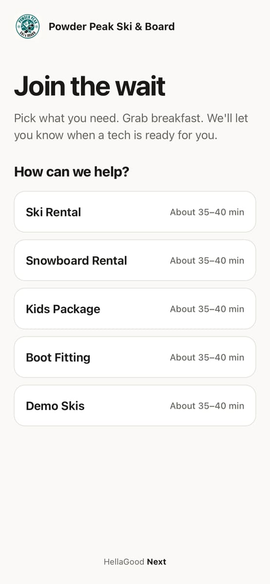 After scanning: pick Ski Rental, Snowboard Rental, Kids Package, Boot Fitting or Demo Skis, each with a wait