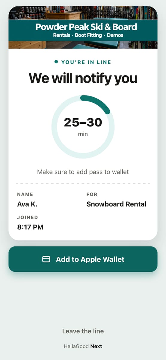 Smart pass: a place in the wait for a Snowboard Rental, with the minutes left
