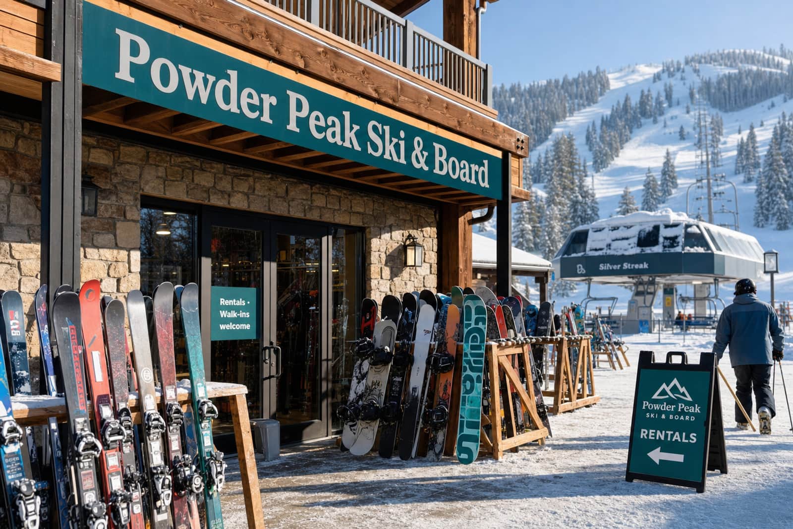 Powder Peak Ski & Board, a rental shop at the base of a ski resort