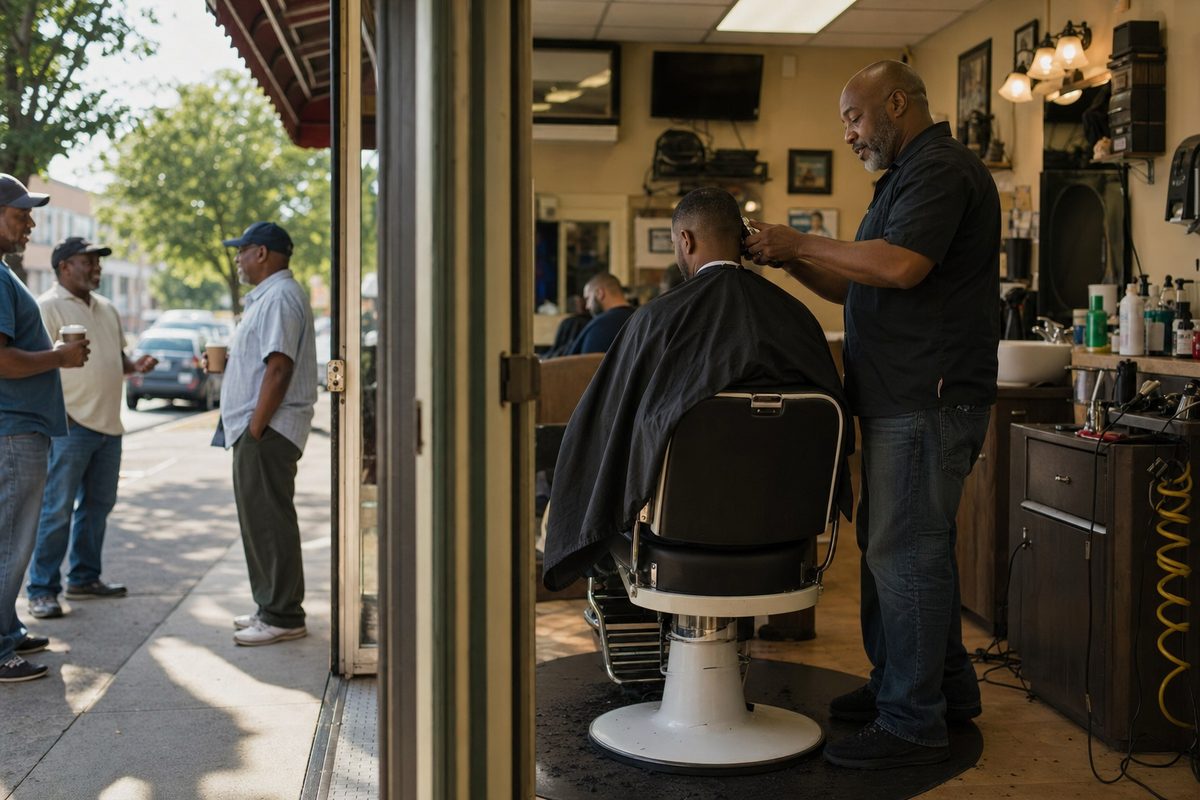 A busy neighborhood barbershop on a Saturday morning, with customers chatting outside