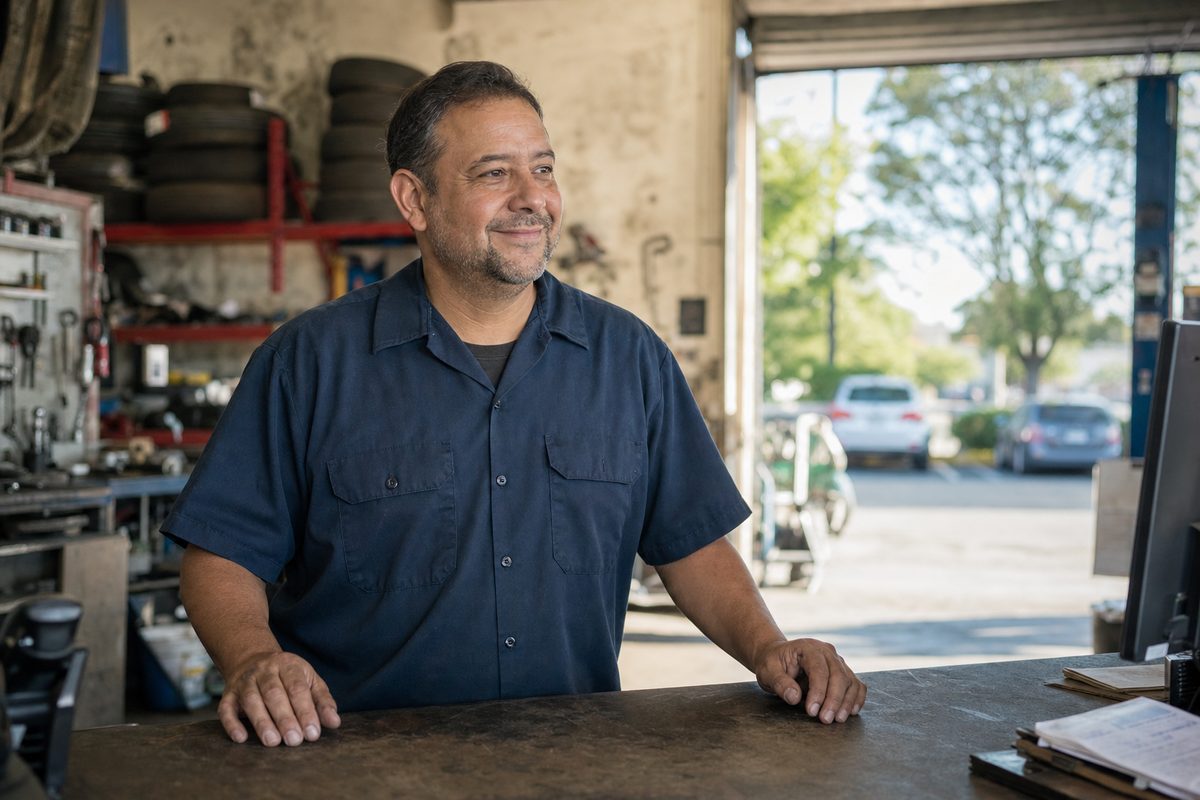 An auto repair shop owner standing at the front counter