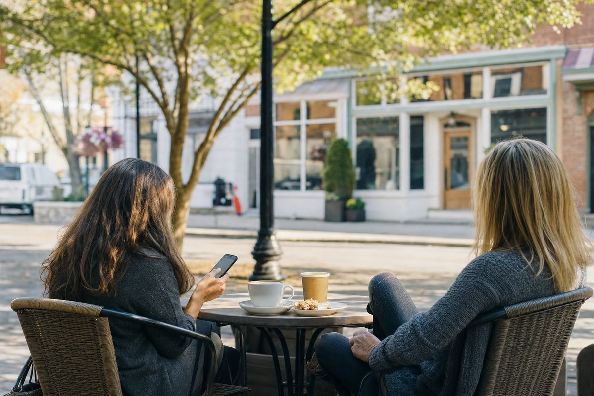 Two customers relaxing at an outdoor cafe table on a small-town main street