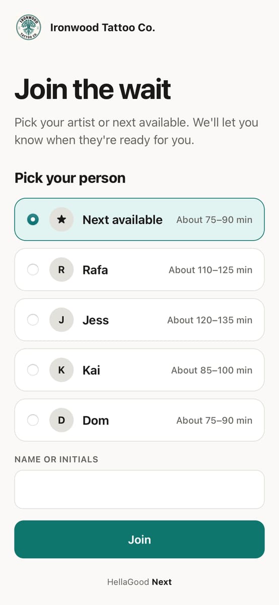 After scanning: pick Rafa, Jess, Kai, Dom or next available, each with a wait