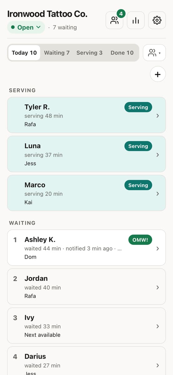 The shop's list: three clients in the chair, one called, six waiting