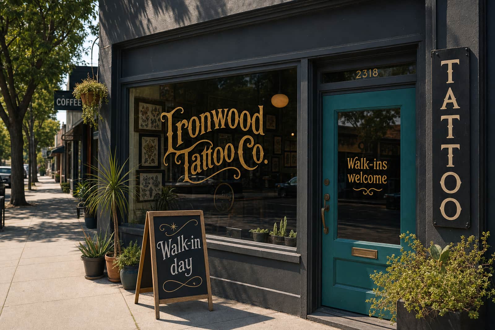 Ironwood Tattoo Co., a tattoo studio with a teal door and gold window lettering