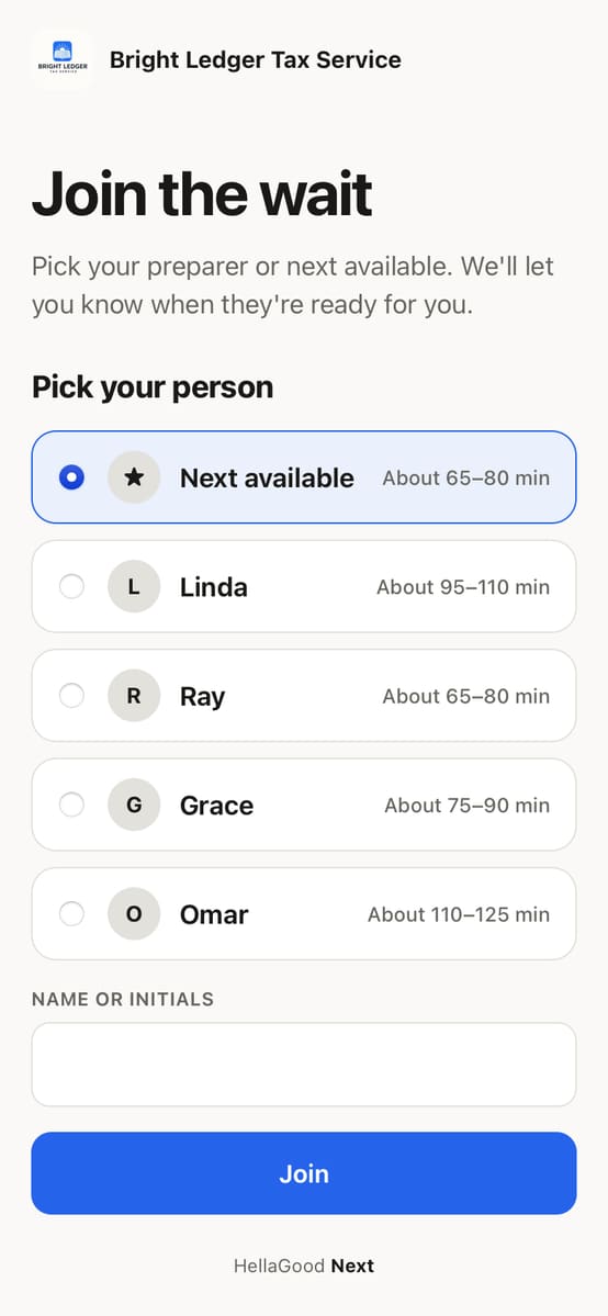 After scanning: pick Linda, Ray, Grace, Omar or next available, each with a wait