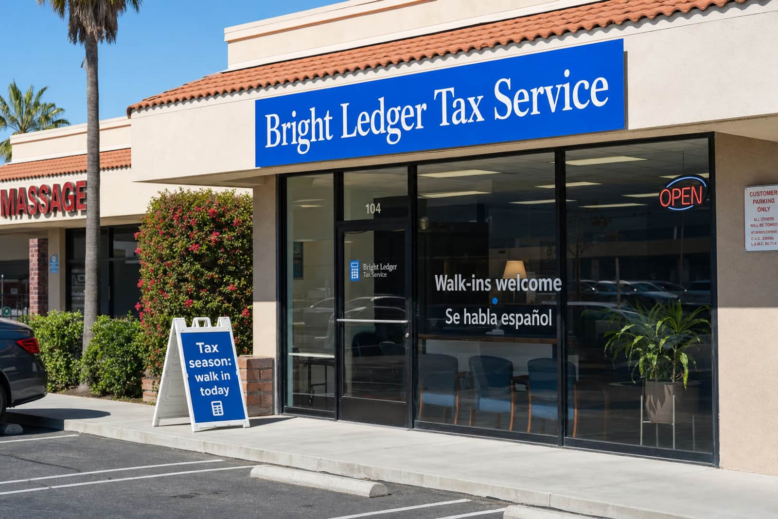 Bright Ledger Tax Service, a tax office in a strip mall with a blue sign