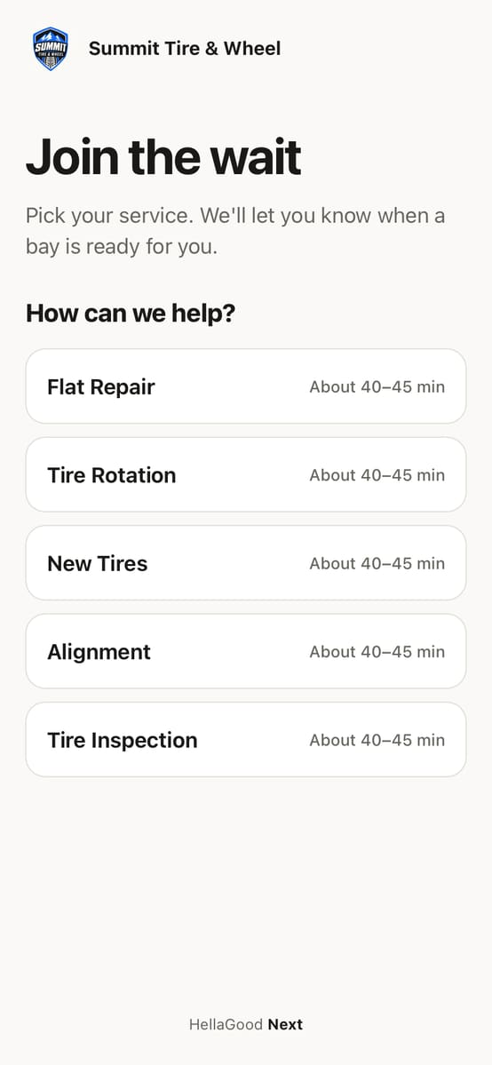 After scanning: pick Flat Repair, Tire Rotation, New Tires, Alignment or Tire Inspection, each with a wait