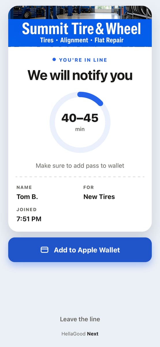 Smart pass: a place in the wait for a Tire Rotation, with the minutes left